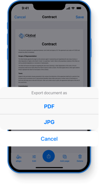 saving files as pdf or jpg on the scanner app for iphone