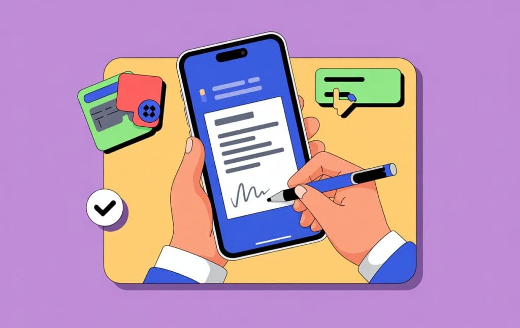 a digital illustration of a hand of a person signing email document on a smartphone