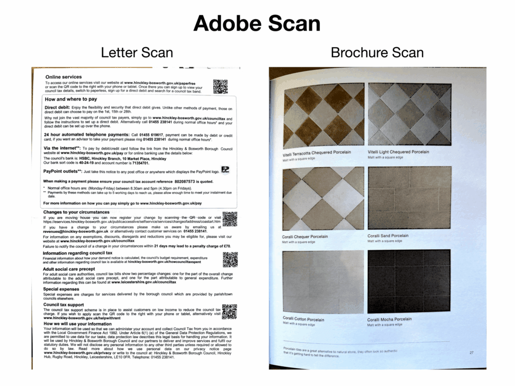 Side-by-side scans showing a clear letter with sharp text and a blurry color brochure page with distorted images and weak detail.