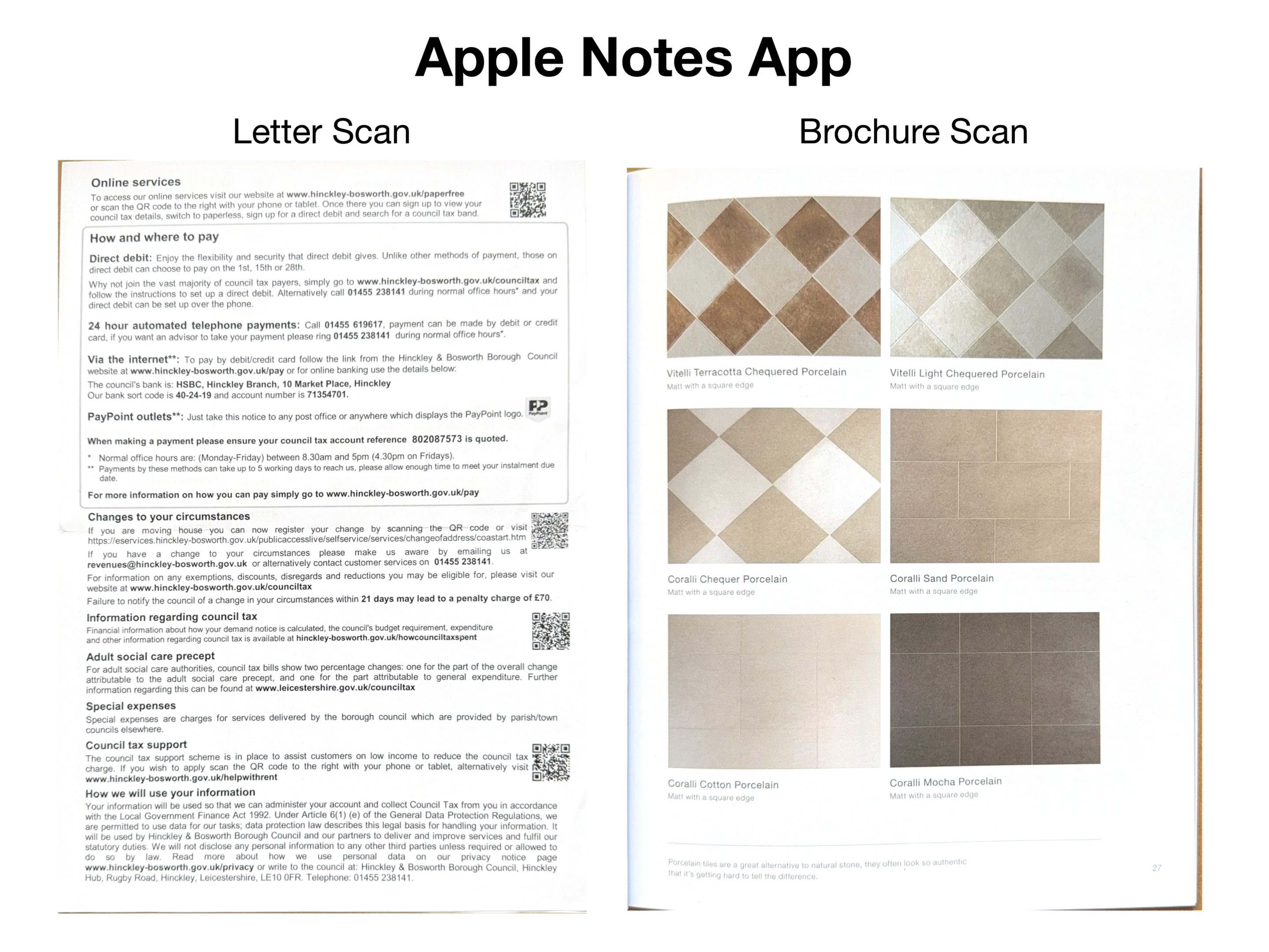Side-by-side scans showing a pale, washed‑out letter with faint text and a photo‑like brochure page with poor border detection.