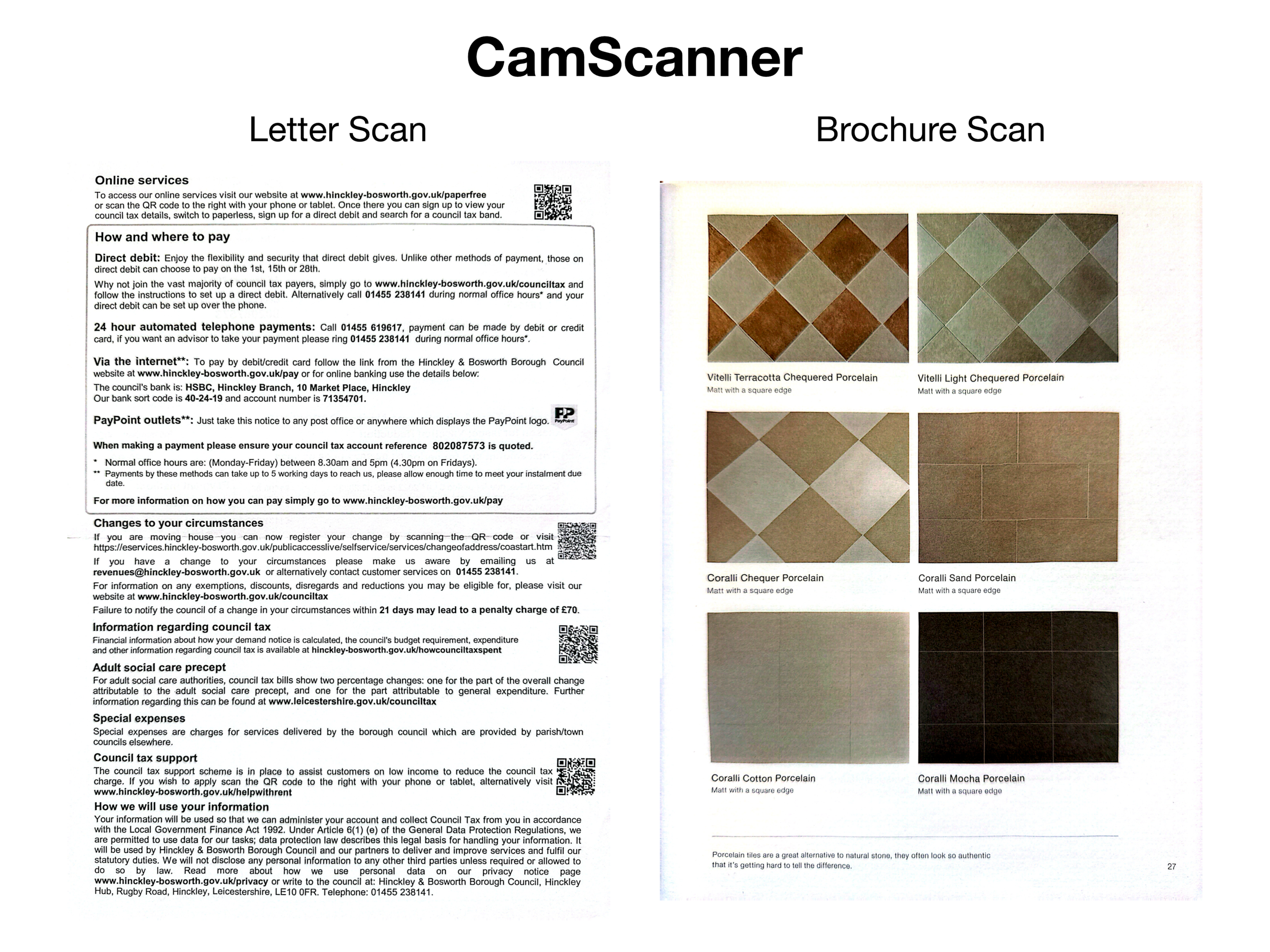 Side-by-side scans showing a fast, clear letter with sharp text and a color brochure page with good detail but slightly tilted alignment.