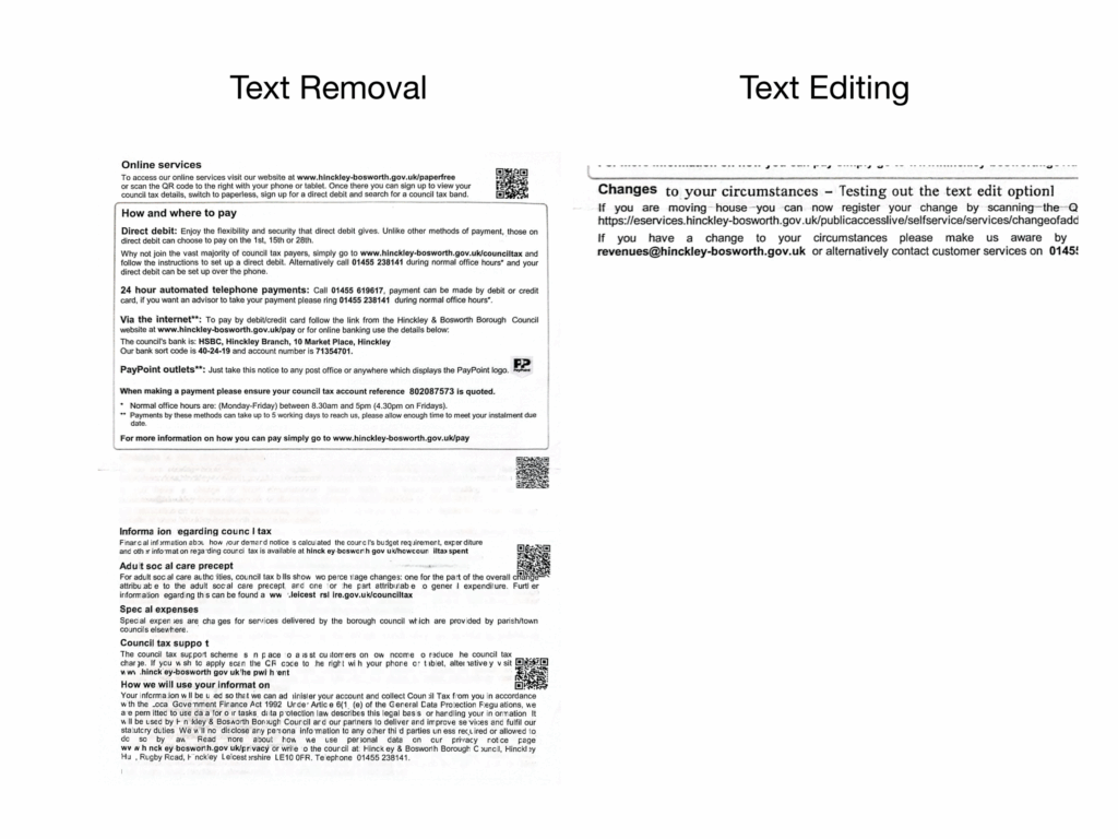Screenshot of the CamScanner app demonstrating the text removal and text editing feature on a scanned document