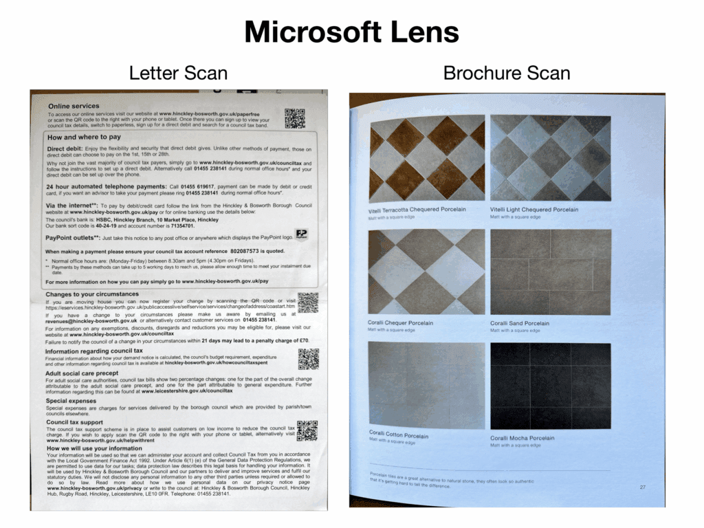 Side-by-side scans showing a sharp letter with slight shadowing and a color brochure page with vivid images but curved text on the left