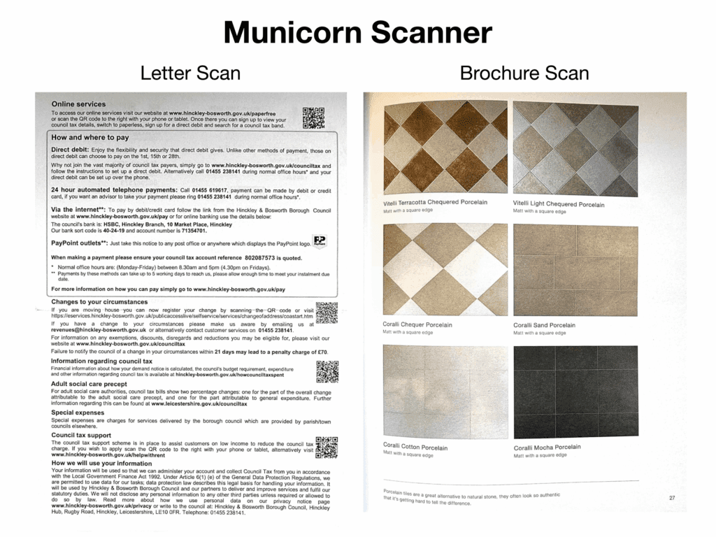Side-by-side scans showing a sharp black‑and‑white letter with clear text and a vivid, detailed color brochure page with slight curvature.