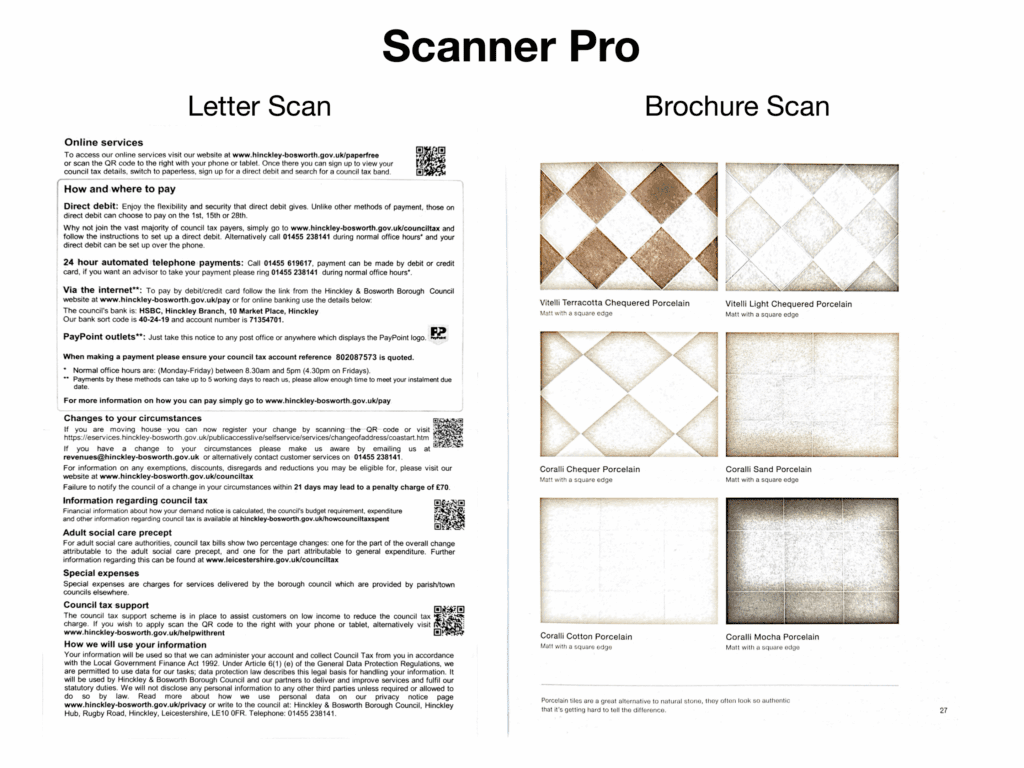 Side-by-side scans showing a crisp, bright letter with clear text and an overexposed brochure page with washed‑out images and text.