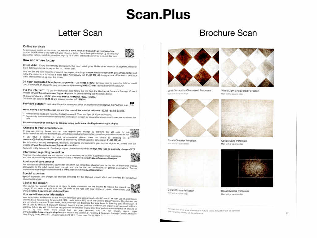 Side-by-side scans showing a washed‑out letter with overly bright text and a distorted color brochure page with faded images.