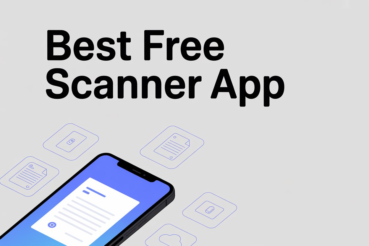 Minimalist poster with ‘Best Free Scanner App’ text, a smartphone showing a scanned document, and floating scan and cloud icons