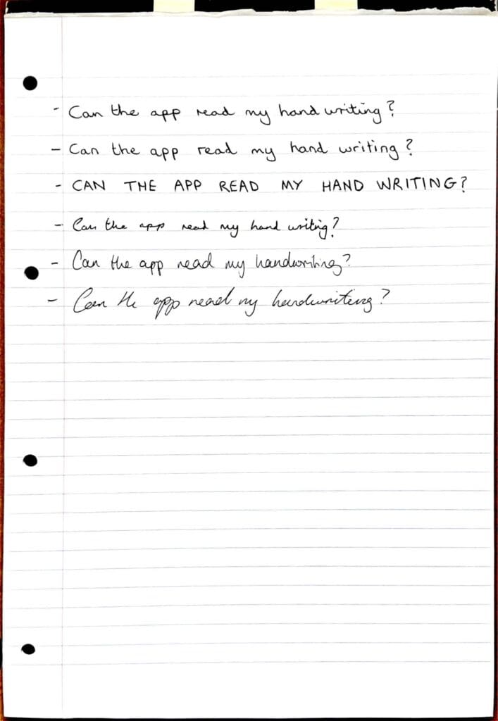 Scan.Plus handwritten note scan with perfect OCR accuracy, all words correctly recognized