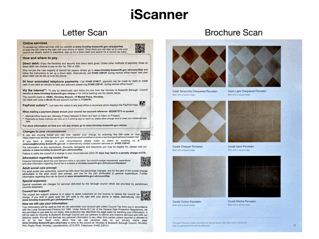 Side-by-side scans showing a letter with AI-enhanced clarity but slightly yellow tint, and a brochure page corrected for curvature with flat, detailed images.