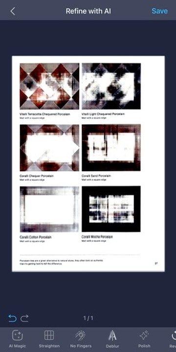 Screenshot of the iScanner app showing the ‘Refine with AI’ feature, used to enhance and optimize a scanned document
