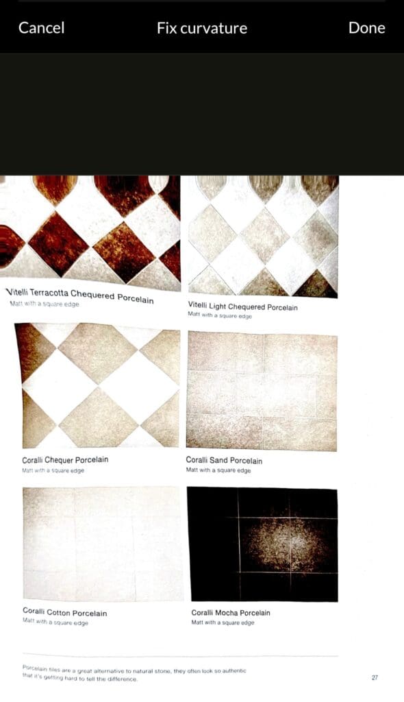 Screenshot of the Scan.Plus app using the fix curvature feature on a scanned brochure page, showing distorted and corrupted results
