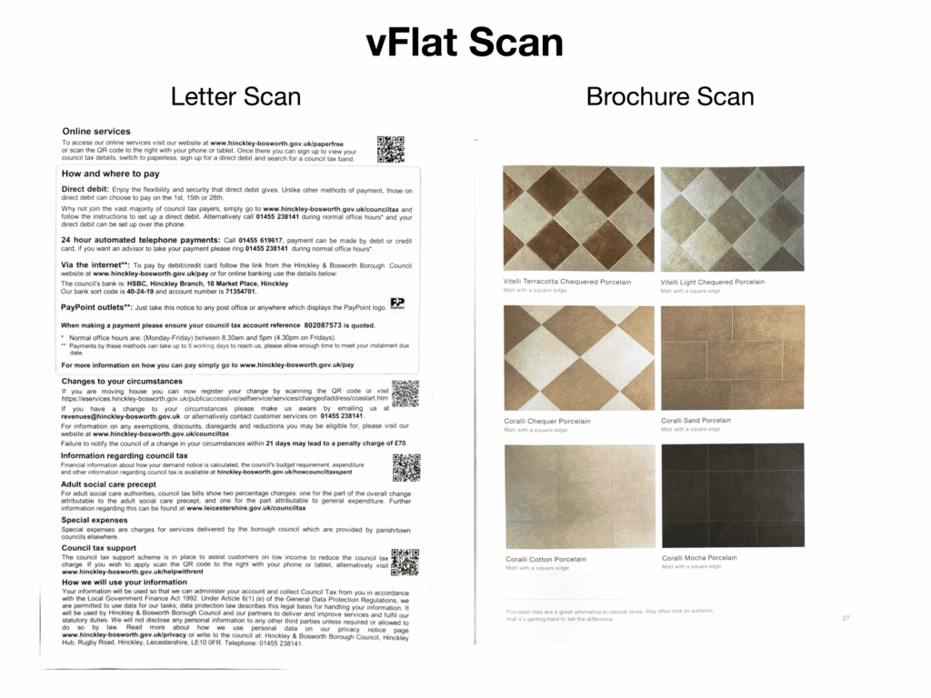 Side-by-side scans showing a clear letter with sharp text and a brochure page corrected for page curvature, appearing flat and well-balanced.