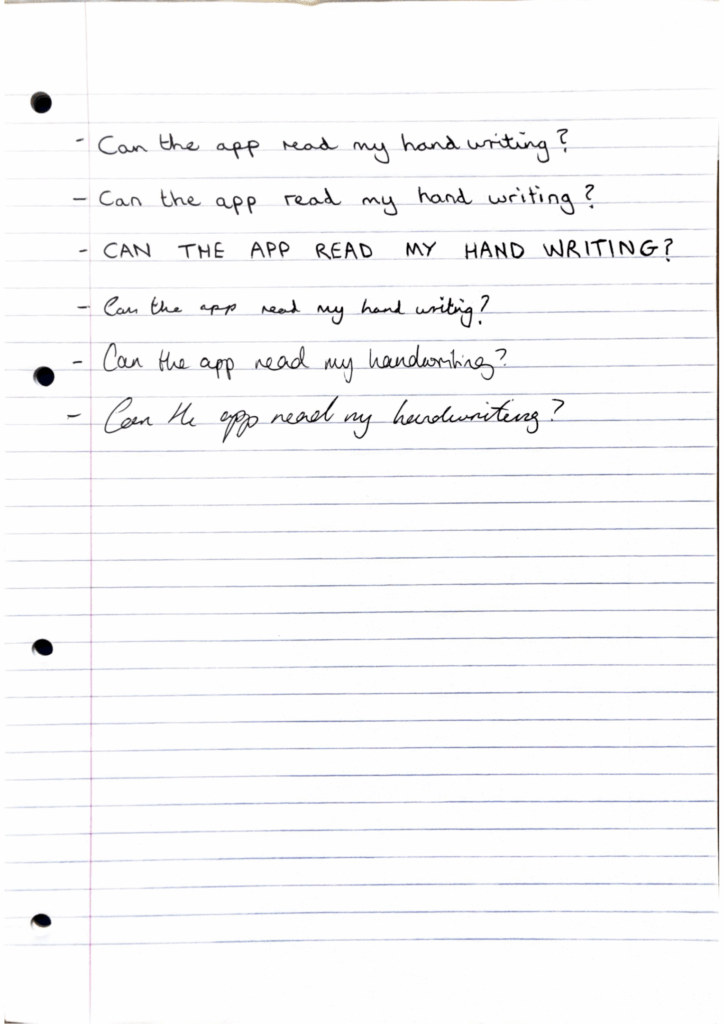 Handwritten note scan with strong OCR recognition of different handwriting styles